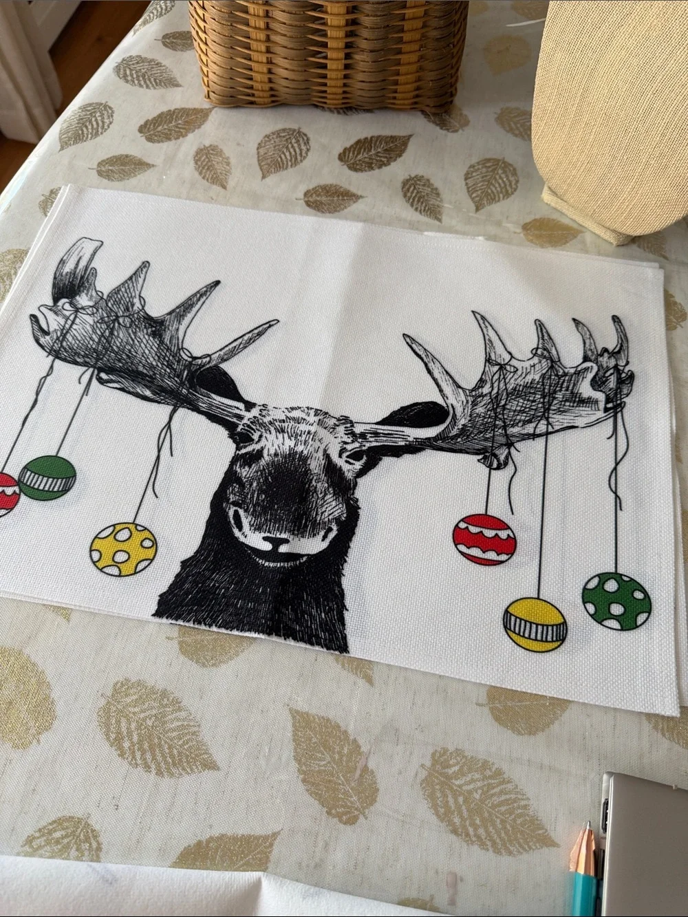Moose Illustration placemats with Colorful Ornaments set of 4